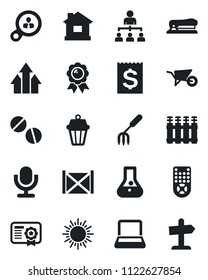 Set of vector isolated black icon - sun vector, hierarchy, medal, garden fork, wheelbarrow, house, pills, receipt, container, microphone, remote control, notebook pc, stapler, radiator, outdoor lamp