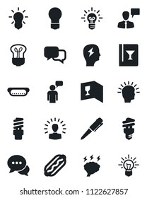 Set of vector isolated black icon - speaking man vector, pen, brainstorm, bulb, dialog, wine card, hot dog, energy saving, shining head, idea