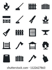Set of vector isolated black icon - fence vector, tree, saw, fire, hoe, axe, abacus, table, alcove, cutting board