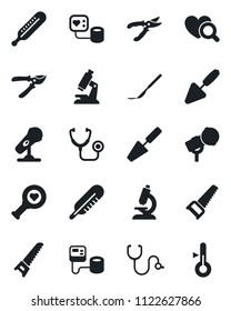 Set of vector isolated black icon - trowel vector, pruner, saw, stethoscope, blood pressure, thermometer, heart diagnostic, microscope, scalpel, microphone