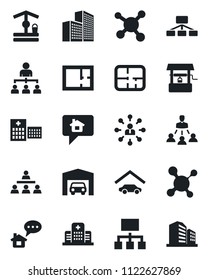 Set of vector isolated black icon - hierarchy vector, well, molecule, hospital, office building, garage, plan, home message