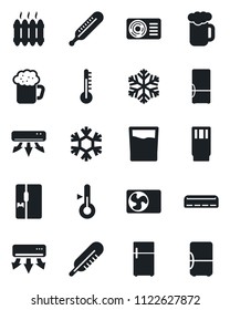 Set of vector isolated black icon - thermometer vector, heater, air conditioner, fridge, drink, beer, snowflake