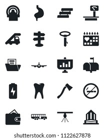 Set of vector isolated black icon - airport bus vector, no smoking, ladder car, plane, axe, tomography, stomach, tooth, medical calendar, signpost, heavy scales, charge, document folder, paper tray