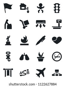 Set of vector isolated black icon - plane vector, no smoking, baby, room, pedestal, pen, seedling, lungs, traffic light, cargo, hook, flammable, heavy scales, route, heart, home control, pennon