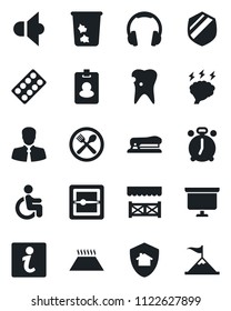 Set of vector isolated black icon - alarm clock vector, trash bin, presentation board, brainstorm, pills blister, disabled, caries, client, shield, speaker, headphones, scanner, stapler, cafe