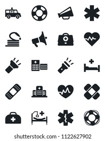 Set of vector isolated black icon - hose vector, heart pulse, doctor case, patch, ambulance star, car, hospital bed, loudspeaker, torch, crisis management