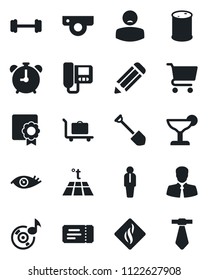 Set of vector isolated black icon - baggage trolley vector, alarm clock, ticket, manager, job, pencil, barbell, eye, patient, client, oil barrel, music, sertificate, cocktail, web camera, intercome