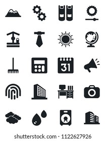 Set of vector isolated black icon - globe vector, sun, clouds, office building, book, desk, rake, well, camera, speaker, calculator, calendar, brightness, fingerprint id, mountains, gear, water, tie