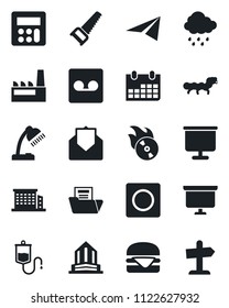 Set of vector isolated black icon - presentation board vector, calendar, saw, rain, caterpillar, dropper, flame disk, mail, calculator, record, document folder, desk lamp, office building, factory