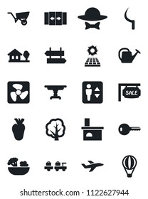 Set of vector isolated black icon - automatic door vector, elevator, signpost, baggage larry, tree, watering can, wheelbarrow, sickle, fireplace, real heart, plane, house with, sun panel, sale, key