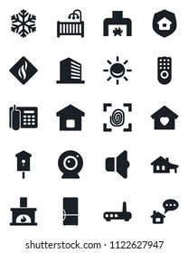 Set of vector isolated black icon - office building vector, bird house, phone, with garage, children room, sweet home, fireplace, fridge, smart, estate insurance, fingerprint, remote control, router