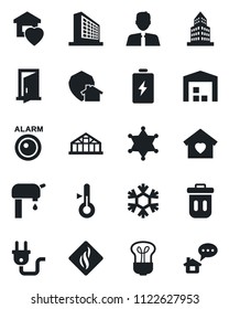 Set of vector isolated black icon - office building vector, greenhouse, water supply, warehouse, estate agent, sweet home, power plug, snowflake, smoke detector, thermometer, bulb, protect, police