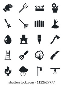 Set of vector isolated black icon - flower in pot vector, garden fork, farm, fence, rake, ladder, tree, sproute, glove, fire, seedling, water drop, rain, knife, axe, plant label, light, fireplace