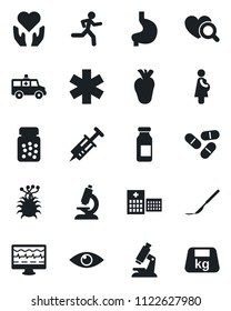 Set of vector isolated black icon - monitor pulse vector, syringe, heart diagnostic, microscope, pills, bottle, ampoule, scalpel, ambulance star, car, run, hand, stomach, real, eye, hospital, virus