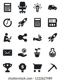 Set of vector isolated black icon - seedling vector, stopwatch, palm sproute, rocket, clock, office chair, investment, idea, cart, flask, calculator, car, social media, mail, award cup, money tree