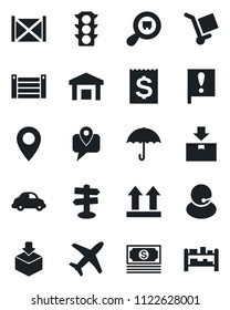 Set of vector isolated black icon - signpost vector, pin, important flag, plane, cash, traffic light, support, mobile tracking, car delivery, receipt, container, cargo, umbrella, up side sign, rack