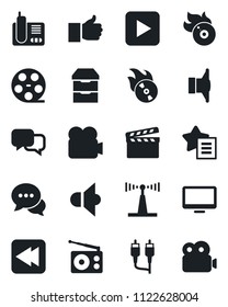 Set of vector isolated black icon - clapboard vector, reel, flame disk, radio, antenna, speaker, video camera, dialog, monitor, phone, finger up, favorites list, play button, rewind, rca