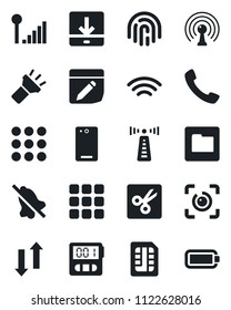 Set of vector isolated black icon - antenna vector, phone back, call, menu, stopwatch, sim, folder, notes, data exchange, download, wireless, torch, mute, cut, eye id, fingerprint, cellular signal