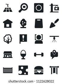 Set of vector isolated black icon - trowel vector, tree, barbell, important flag, mobile tracking, cargo container, search, record, face id, fruit, smart home, crane, egg stand, cafe building