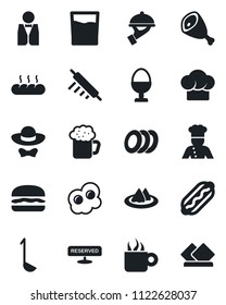 Set of vector isolated black icon - waiter vector, cook, serviette, hat, reserved, drink, coffee, beer, plates, egg stand, bread, dress code, ham, hamburger, hot dog, ladle, rolling pin, omelette