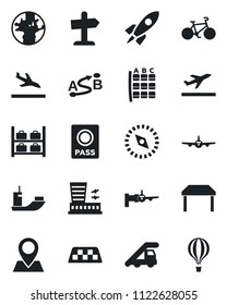 Set of vector isolated black icon - taxi vector, departure, arrival, passport, ladder car, plane, boarding, seat map, luggage storage, airport building, bike, earth, pin, sea shipping, route, table