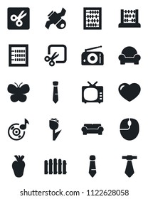 Set of vector isolated black icon - abacus vector, mouse, tie, fence, butterfly, real heart, satellite, tulip, radio, tv, cut, music, cushioned furniture