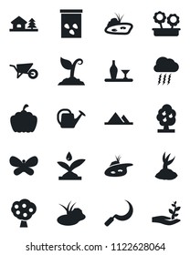 Set of vector isolated black icon - storm cloud vector, watering can, wheelbarrow, sproute, butterfly, sickle, pumpkin, seeds, pond, house with tree, fruit, mountains, flower in pot, alcohol, palm