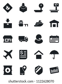 Set of vector isolated black icon - store vector, plane, support, mobile tracking, sea shipping, car delivery, term, receipt, port, umbrella, warehouse storage, package, shield, flammable, barcode
