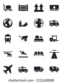 Set of vector isolated black icon - plane vector, runway, arrival, baggage conveyor, trolley, train, waiting area, fork loader, helicopter, wheelbarrow, ambulance car, earth, sea shipping, delivery