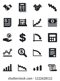 Set of vector isolated black icon - handshake vector, dollar sign, abacus, crisis graph, receipt, calculator, bar, point, contract, arrow up, growth, money search, investment, cash