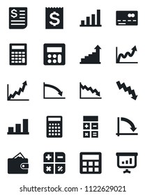 Set of vector isolated black icon - credit card vector, growth statistic, calculator, crisis graph, receipt, bar, wallet, presentation