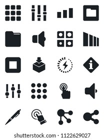 Set of vector isolated black icon - package vector, sorting, settings, touch screen, stop button, menu, folder, charge, application, pen, sound, information, social media