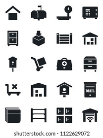 Set of vector isolated black icon - safe vector, checkroom, bird house, doctor case, container, cargo, warehouse storage, no trolley, package, heavy scales, rack, blank box, archive, mailbox