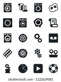 Set of vector isolated black icon - washer vector, contract, stamp, pills blister, play button, record, pie graph, target, flower in pot, omelette, gear, crisis management
