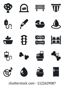 Set of vector isolated black icon - ticket office vector, luggage storage, pennant, water drop, bench, dropper, broken bone, traffic light, music, copier, fruit tree, salad, open close, fridge