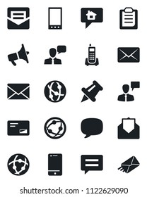 Set of vector isolated black icon - speaking man vector, mail, office phone, loudspeaker, network, cell, speaker, paper pin, mobile, message, clipboard, home