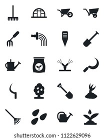 Set of vector isolated black icon - job vector, garden fork, shovel, rake, watering can, wheelbarrow, sproute, sickle, plant label, greenhouse, seeds, fertilizer, fruit tree, irrigation