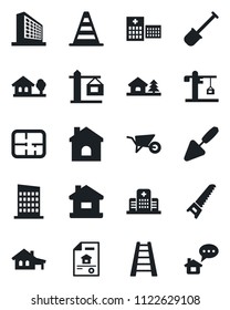 Set of vector isolated black icon - border cone vector, office building, trowel, shovel, ladder, wheelbarrow, saw, house, hospital, with garage, tree, plan, estate document, city, crane