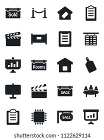 Set of vector isolated black icon - fence vector, flight table, meeting, clipboard, clapboard, presentation board, sale, rooms, sold signboard, smart home, cutting, chip