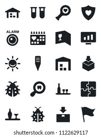 Set of vector isolated black icon - statistic monitor vector, lady bug, plant label, blood test vial, heart diagnostic, shield, medical calendar, package, search cargo, application, warehouse, flag