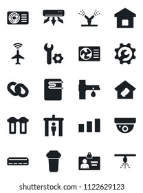Set of vector isolated black icon - plane radar vector, security gate, identity card, drip irrigation, sorting, chain, root setup, air conditioner, smart home, water heater, filter, surveillance