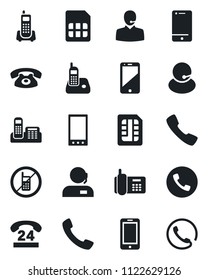 Set of vector isolated black icon - phone vector, no mobile, office, 24 hours, support, cell, radio, call, sim