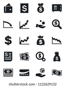 Set of vector isolated black icon - safe vector, dollar sign, money bag, cash, receipt, credit card, wallet, growth graph, crisis, search, investment