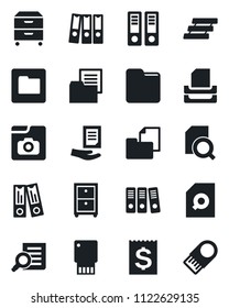 Set of vector isolated black icon - office binder vector, document search, receipt, folder, photo gallery, paper, tray, archive box, usb flash