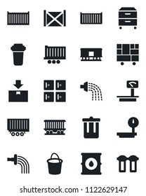 Set of vector isolated black icon - trash bin vector, checkroom, bucket, watering, railroad, truck trailer, cargo container, consolidated, package, oil barrel, heavy scales, archive box