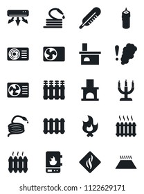 Set of vector isolated black icon - fire vector, hose, fireplace, thermometer, heater, air conditioner, candle, water, smoke detector, radiator, warm floor