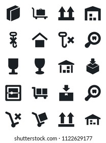 Set of vector isolated black icon - baggage trolley vector, fragile, cargo, warehouse storage, up side sign, no, hook, package, search, scanner, blank box