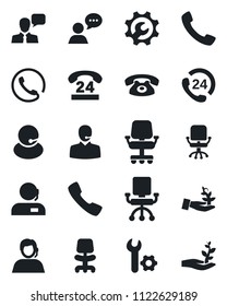Set of vector isolated black icon - office chair vector, 24 hours, support, speaker, call, root setup, phone, palm sproute