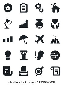 Set of vector isolated black icon - airport tower vector, umbrella, growth statistic, bulb, heart hand, plane, sorting, news, network, clipboard, desk lamp, paper tray, stamp, estate insurance, gear