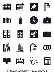 Set of vector isolated black icon - book vector, case, calculator, office binder, calendar, stethoscope, rack, clock, notes, cut, fence, building, bathroom, plates, candle, outdoor lamp